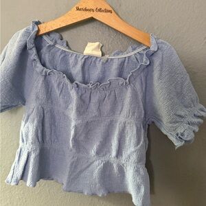 Girls Light Blue Ruffle Off-Shoulder Crop Top